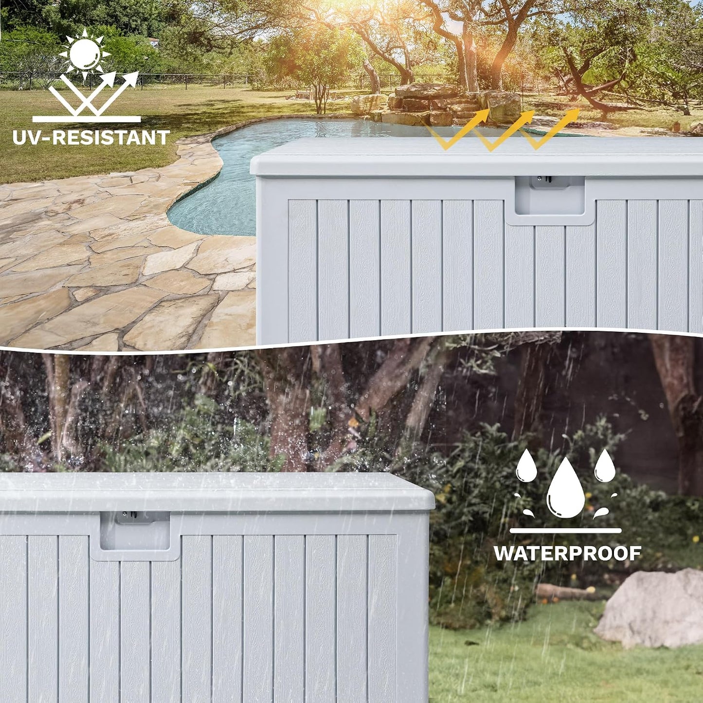 DWVO 100 Gallon Outdoor Storage Box, Large Deck Box Lockable Waterproof and UV Resistant Resin for Gardening Tools, Pool Supplies, Patio Cushions (Black)