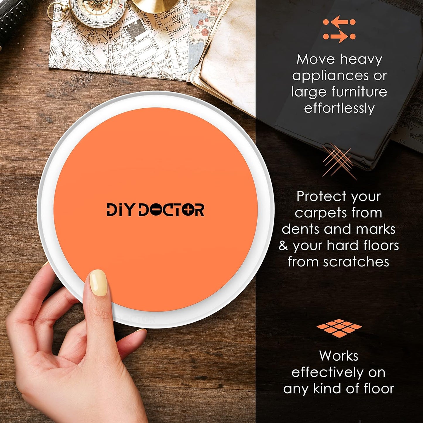 DIY Doctor Furniture Sliders – 8-Piece Set with Large & Small Sliders - Move Heavy Furniture Easily on Carpet, Hardwood & Tile – Reusable Floor Protectors – Orange
