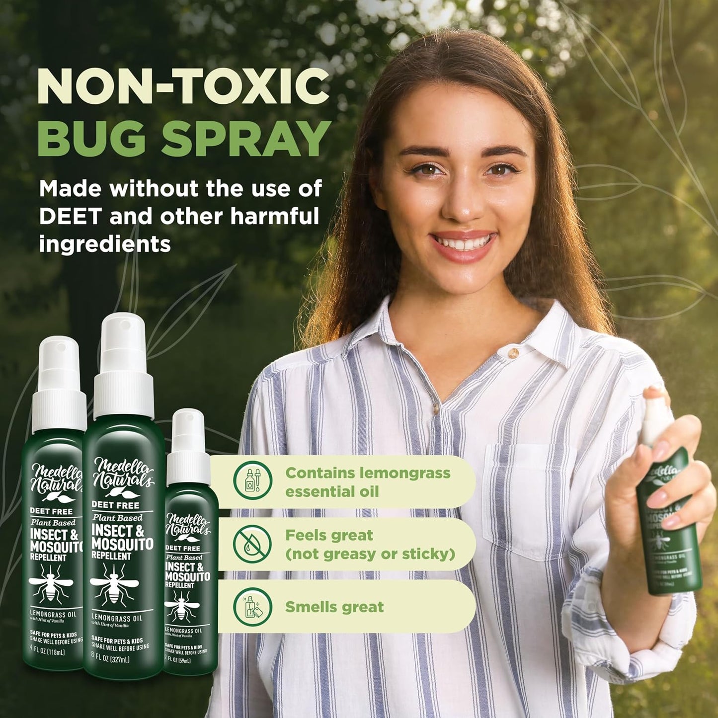 Deet-Free Insect & Mosquito Repellent – Nice Smelling, Pack of 2 (4 oz) | Insect Repellent with Lemongrass Oil Safe for Pets and Kids – Bug Spray Against Mosquitoes, Gnats, Black Flies, and No-See-um