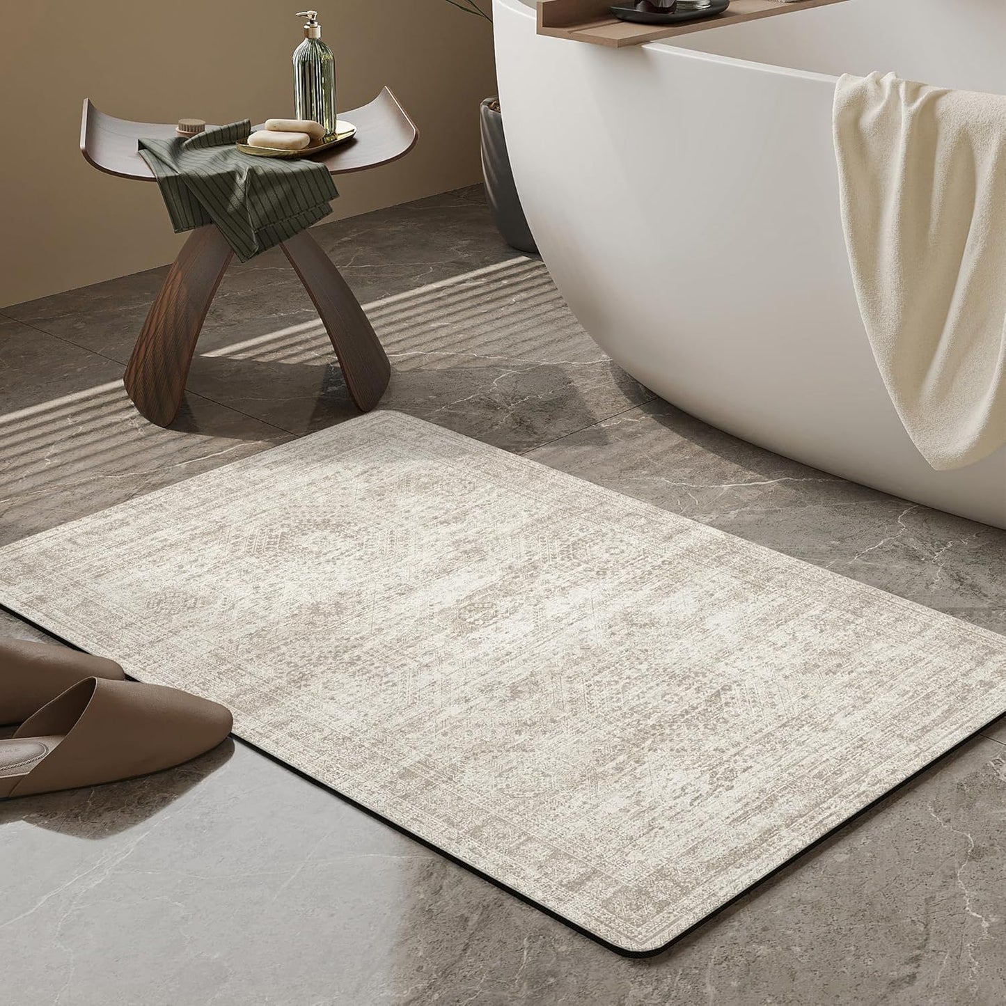 Mecko Bath Mat Rug, Rubber Non-Slip Quick Dry Absorbent Thin Bathroom Rugs Fit Under Door Bathroom Floor Mats-Shower Rug for in Front of Bathtub, Sink, Shower Room(Light Grey,16"x24")
