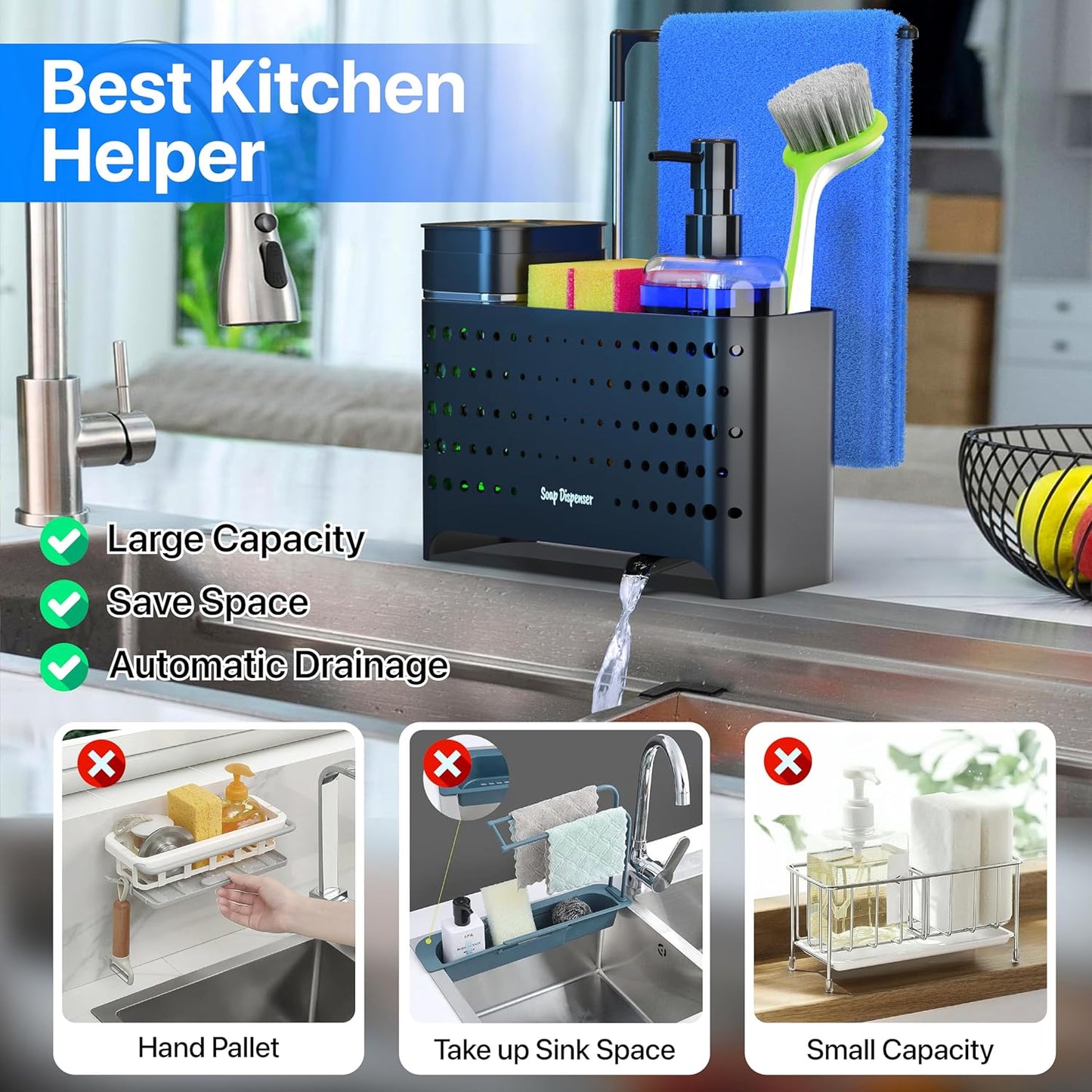 YAN & HIN Dish Soap Dispenser Set with Sponge Holder for Kitchen Sink, 5-in-1 Sink Caddy Organizer with Drain Tray, Brush Holder & Towel Rack, Space Saving Kitchen Counter Organizer