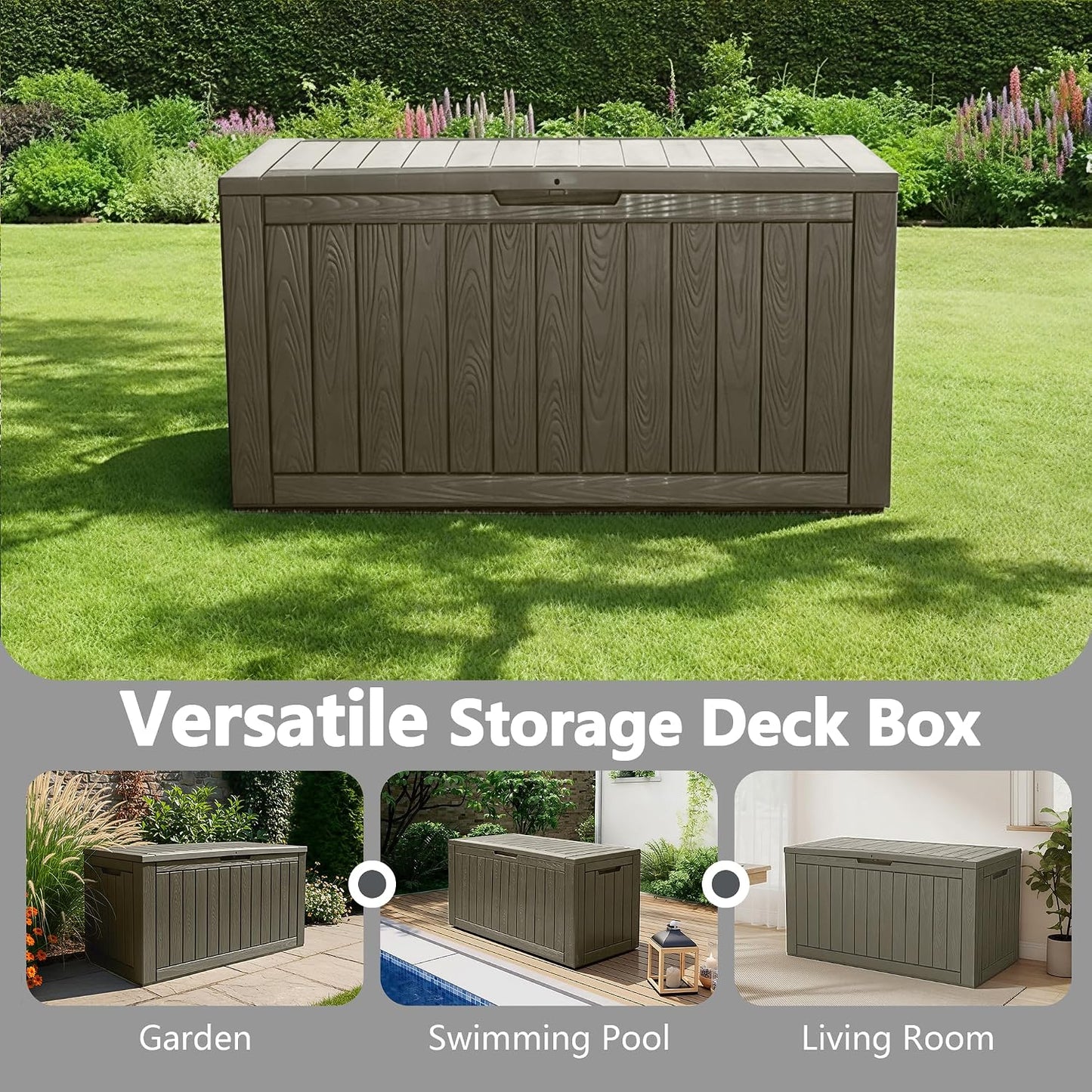 KAMABOKO 31 Gallon Outdoor Storage Box, Resin Deck Boxes Indoor and outdoor, Waterproof Storage Box Lockable Lid for Garden Tools, Package Delivery, Pool Supplies, Patio Cushions, Black