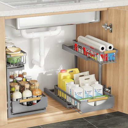 Under Sink Organizer and Storage for Bathroom and Kitchen - 2 Pack 3 Tier Under Cabinet Pull Out Shelf Organizers - Slide Out Drawer Organization for Home Cabinets Shelves and Drawers