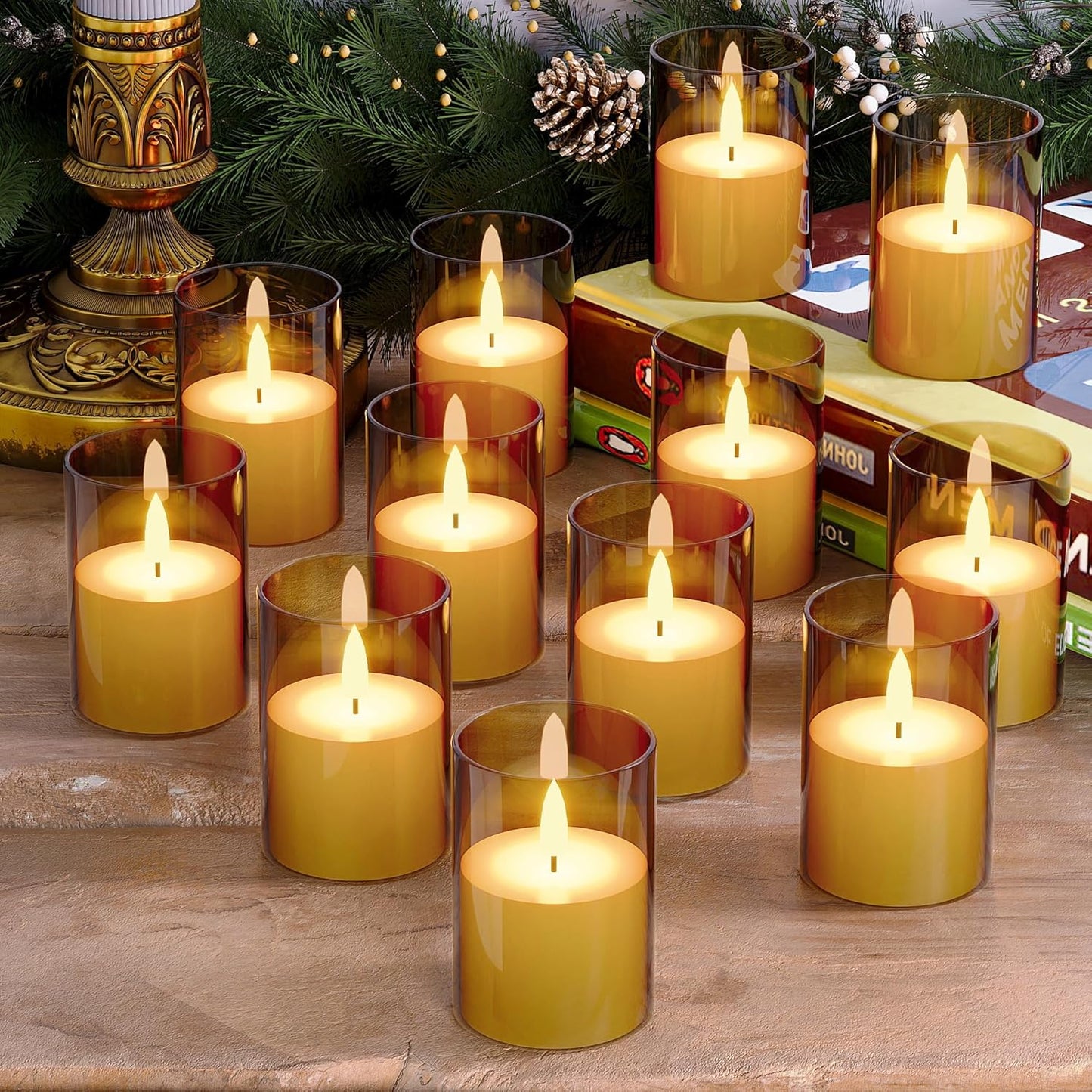 VIODAIM 12Pack Flickering Flameless LED Candles with Remote & Timer, Battery Powered - Small Pillar & Votive, Clear (2"X3")