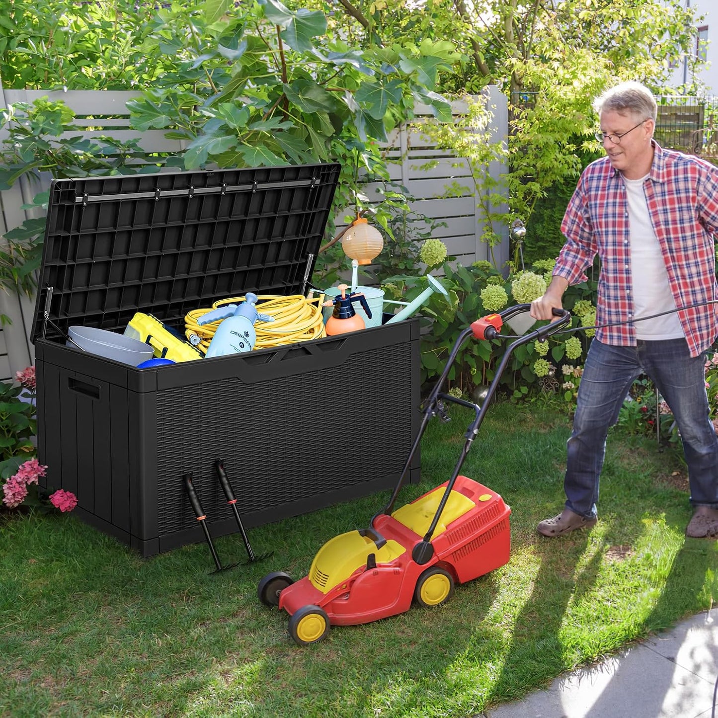 Greesum 100 Gallon Resin Deck Box Large Outdoor Storage with Cushions for Patio Furniture, Garden Tools, Pool Supplies, Weatherproof and UV Resistant, Lockable, Black
