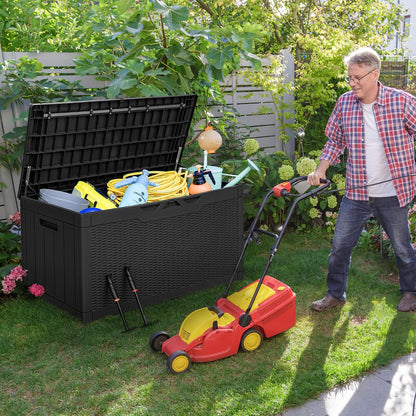 Greesum 100 Gallon Resin Deck Box Large Outdoor Storage with Cushions for Patio Furniture, Garden Tools, Pool Supplies, Weatherproof and UV Resistant, Lockable, Black