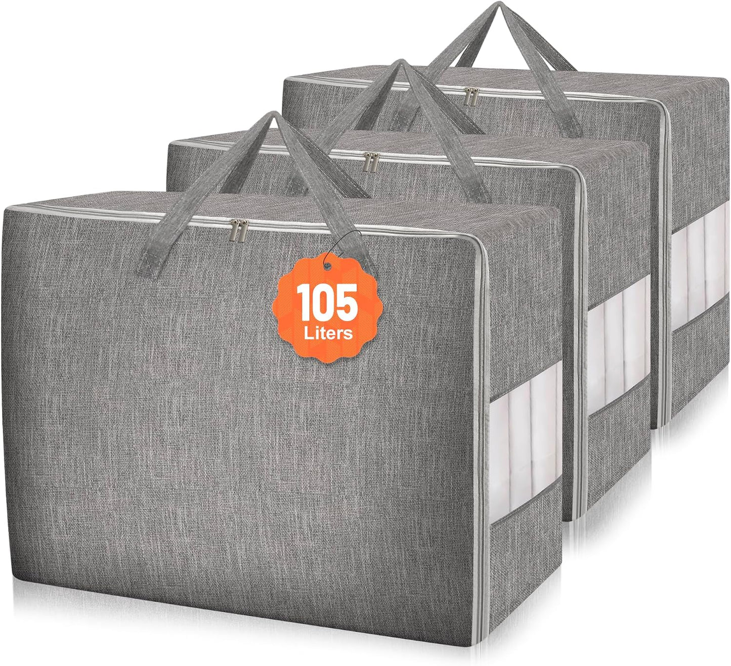3 Pack 105L Comforter Storage Bags, Extra Large Bedding Storage Bags with Card and Clear Window, Reinforced Handles & Zippers, Foldable Closet Organizers for Blanket Pillow Clothes