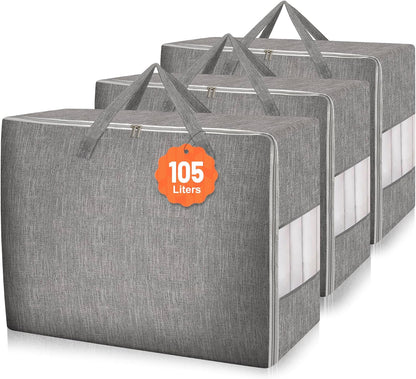 3 Pack 105L Comforter Storage Bags, Extra Large Bedding Storage Bags with Card and Clear Window, Reinforced Handles & Zippers, Foldable Closet Organizers for Blanket Pillow Clothes