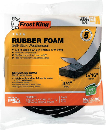 Frost King R338H Self-Stick Rubber Foam Weatherseal, 3/8"W, 3/16"T, Black|Blacks