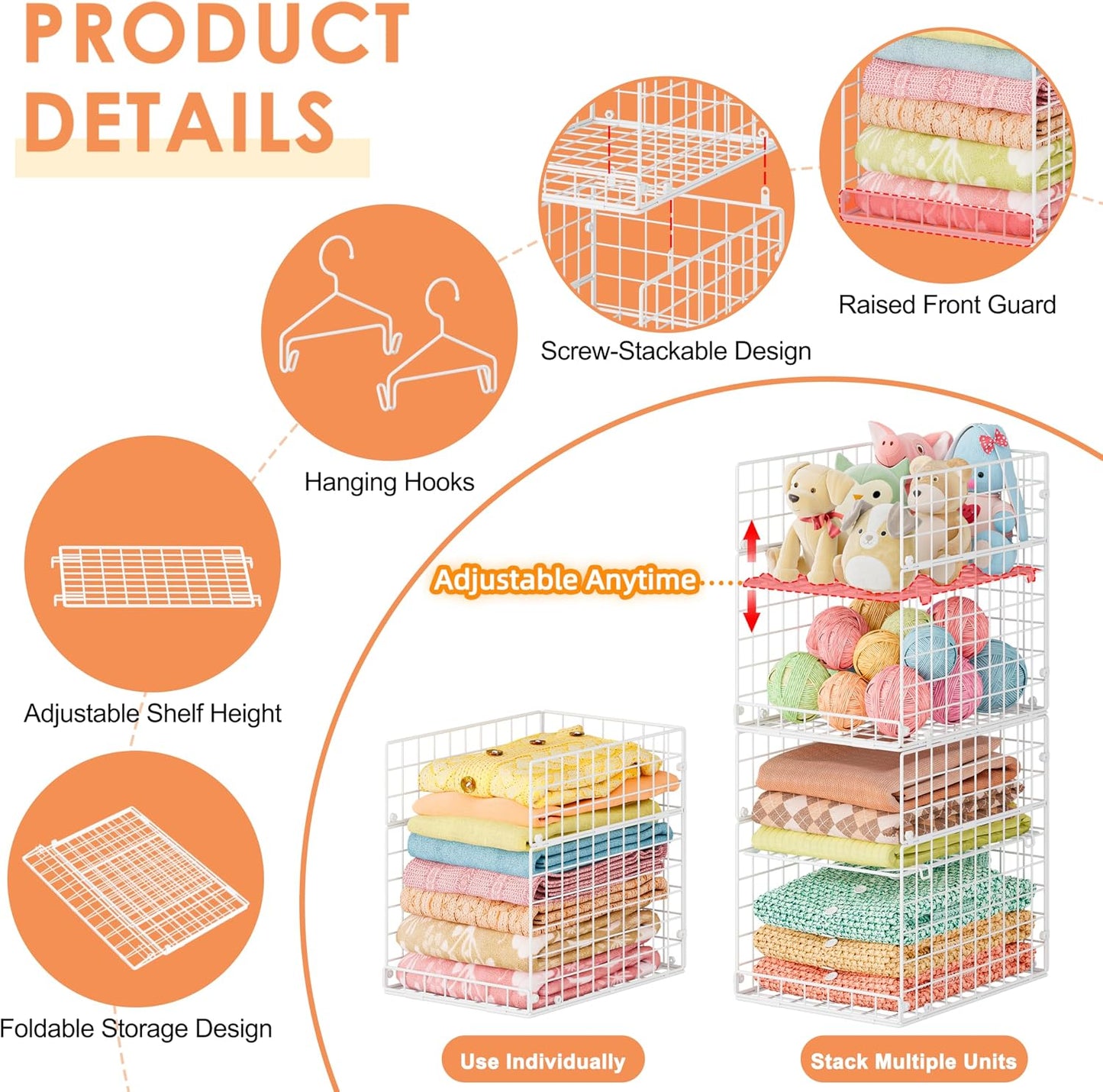 8-Tier Extended Depth Hanging Closet Organizers and Storage for Closet System, Stackable Closet Shelves with 4 Adjustable Dividers for Clothes Sweaters Purses, Wire Hanging Basket Fits Closet Laundry