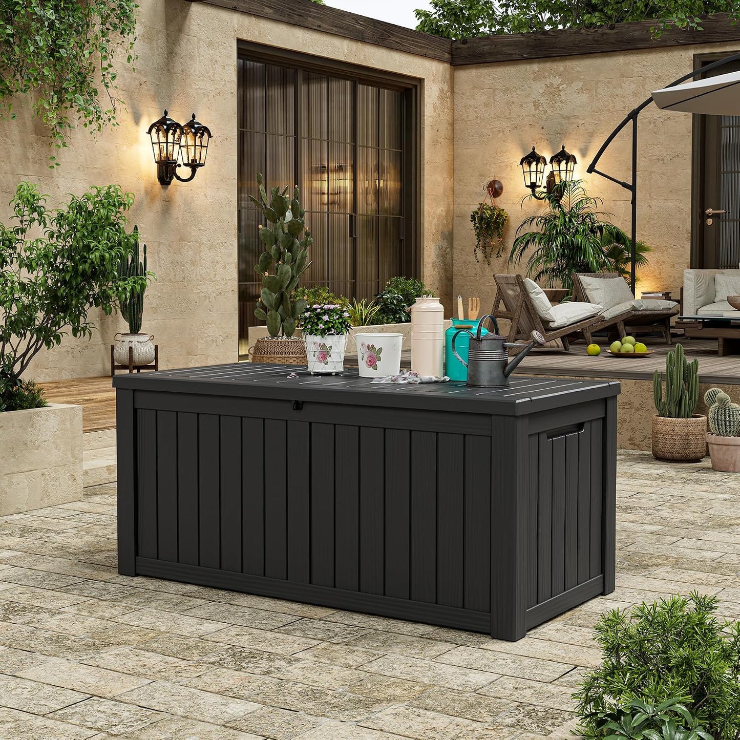 KAMABOKO 31 Gallon Outdoor Storage Box, Resin Deck Boxes Indoor and outdoor, Waterproof Storage Box Lockable Lid for Garden Tools, Package Delivery, Pool Supplies, Patio Cushions, Black