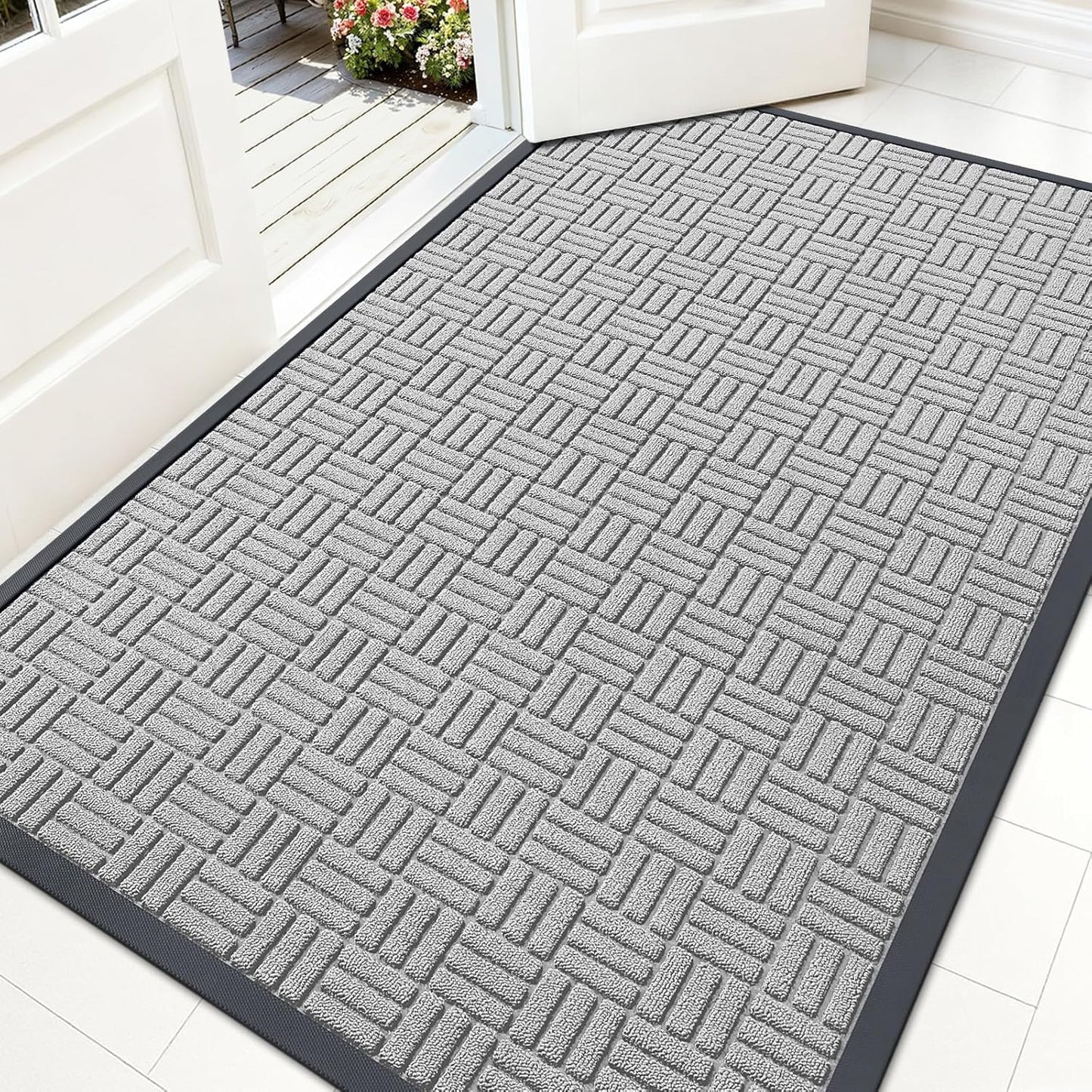 OLANLY Front Door Mat Outside Entrance 29.5x17, Absorbent, Heavy Duty Sturdy Natural Rubber Doormat Indoor Outdoor, Stain and Fade Resistant, Non-Slip Backing Low Profile Floor Mat for Entryway, Grey