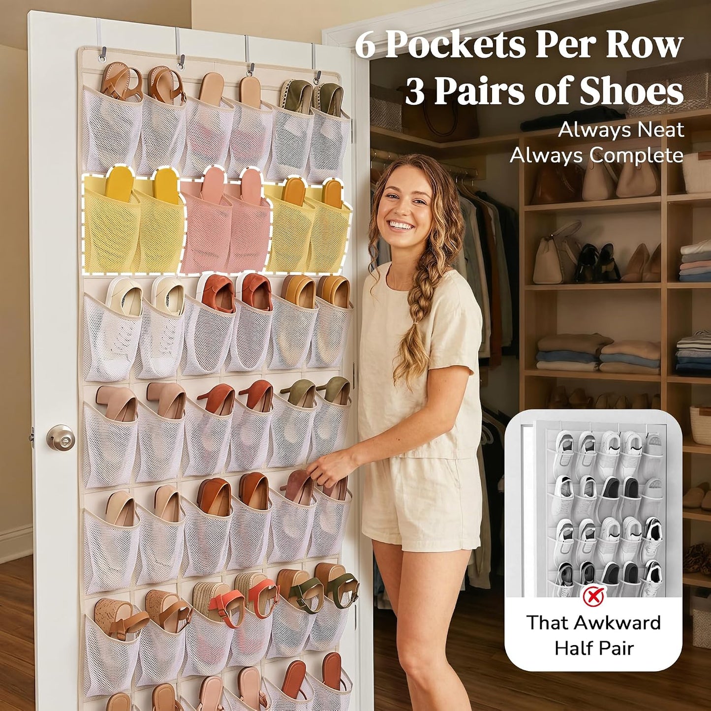 48 Pockets Over the Door Shoe Organizer, Large Mesh Hanging Shoe Rack, 6-Column Heavy Duty Shoe Storage for Sneakers and Heels, Behind Door Holder for Entryway Bedroom Dorm College, Black