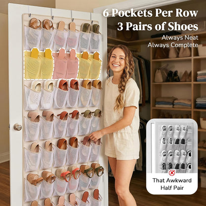 48 Pockets Over the Door Shoe Organizer, Large Mesh Hanging Shoe Rack, 6-Column Heavy Duty Shoe Storage for Sneakers and Heels, Behind Door Holder for Entryway Bedroom Dorm College, Black