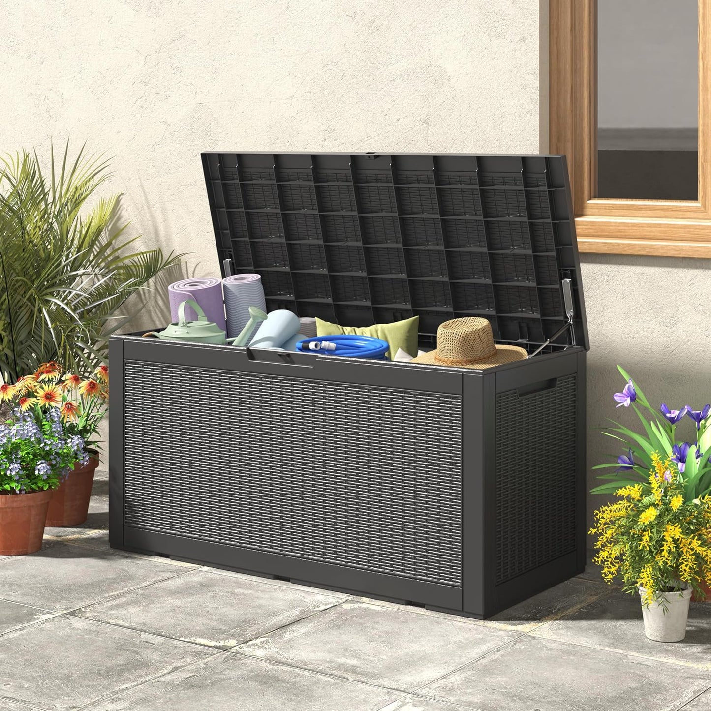 NUNU LAB Outdoor Storage Box, 45 Gallon Outside Deck Box Waterproof, Resin Outdoor Storage Cabinet With Lockable Lid, Backyard Storage Bench For Garden Tools, Patio Cushions, Pool Tools, Black