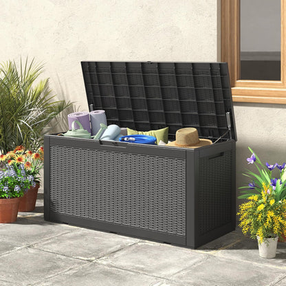 NUNU LAB Outdoor Storage Box, 45 Gallon Outside Deck Box Waterproof, Resin Outdoor Storage Cabinet With Lockable Lid, Backyard Storage Bench For Garden Tools, Patio Cushions, Pool Tools, Black