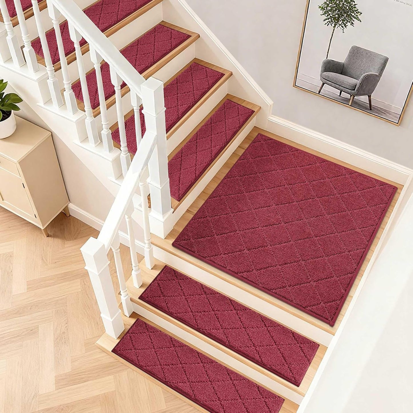 COSY HOMEER Edging Stair Treads Non-Slip Carpet Mat 28inX9in Indoor Stair Runners for Wooden Steps, Edging Stair Rugs for Kids and Dogs, 100% Polyester TPE Backing(4pc, Beige)