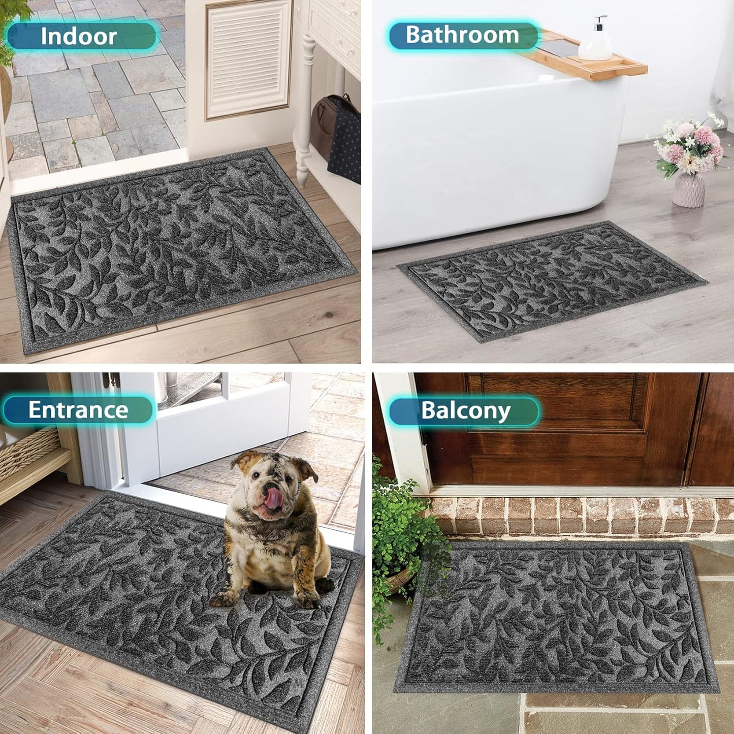 Bulijojo Sturdy Front Entrance Doormats,Durable Heavy Duty Welcome Mat,Thick Absorbent Natural Rubber Non Slip Mat,Easy Clean Entryway Mat 17x30 Inch Leaves Green