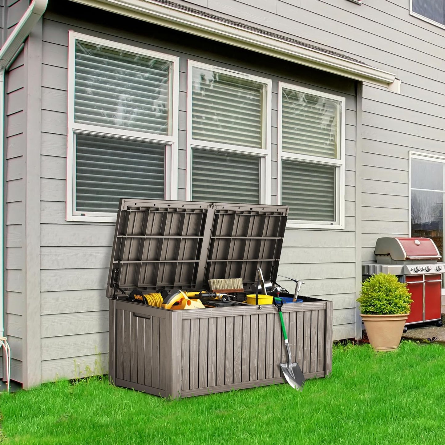 Outdoor Storage Box 325GAL Waterproof Resin Deck Box,Pool Accessories Supplies，UV-Resistant Lockable Package Delivery Bin for Garden Tools,Large Patio Outside Cushions,Chest,Furniture,Black