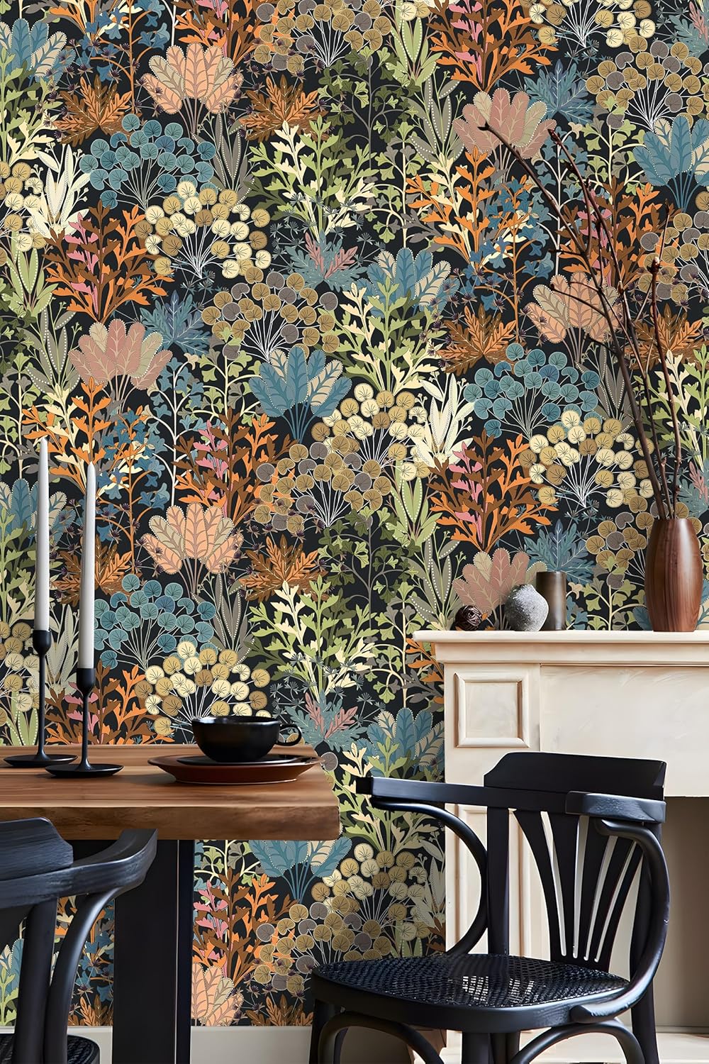 Wallpaper Peel and Stick Floral Wall Paper Removable Waterproof Navy/Pink/Orange Contact Paper for Bedroom, Bathroom,Bathroom, Home Wall 17.3" x 118"