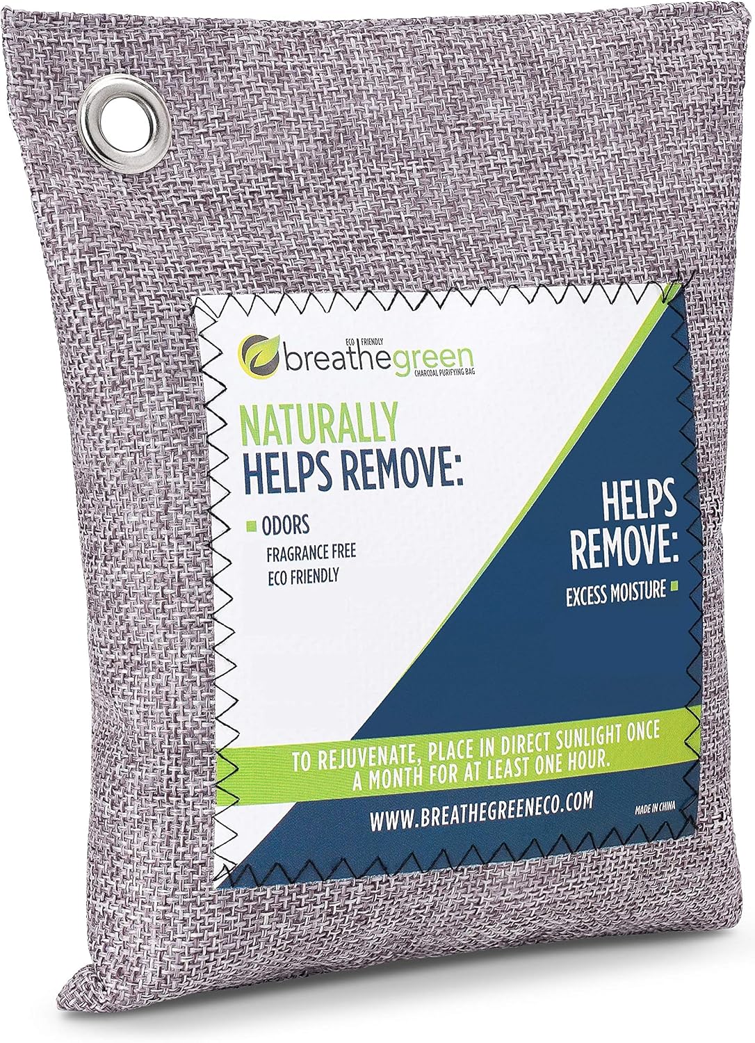 Breathe Green Bamboo Charcoal Odor Eliminator Bag, Activated Charcoal Odor Absorber, Natural Freshener Removes Odors and Moisture, Odor Eliminator for Home, Pets, Car, Closet, Basement, RV…