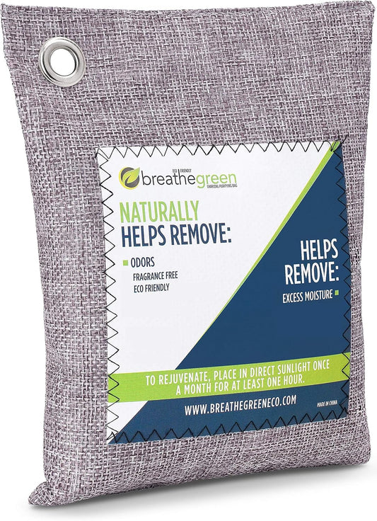 Breathe Green Bamboo Charcoal Odor Eliminator Bag, Activated Charcoal Odor Absorber, Natural Freshener Removes Odors and Moisture, Odor Eliminator for Home, Pets, Car, Closet, Basement, RV…