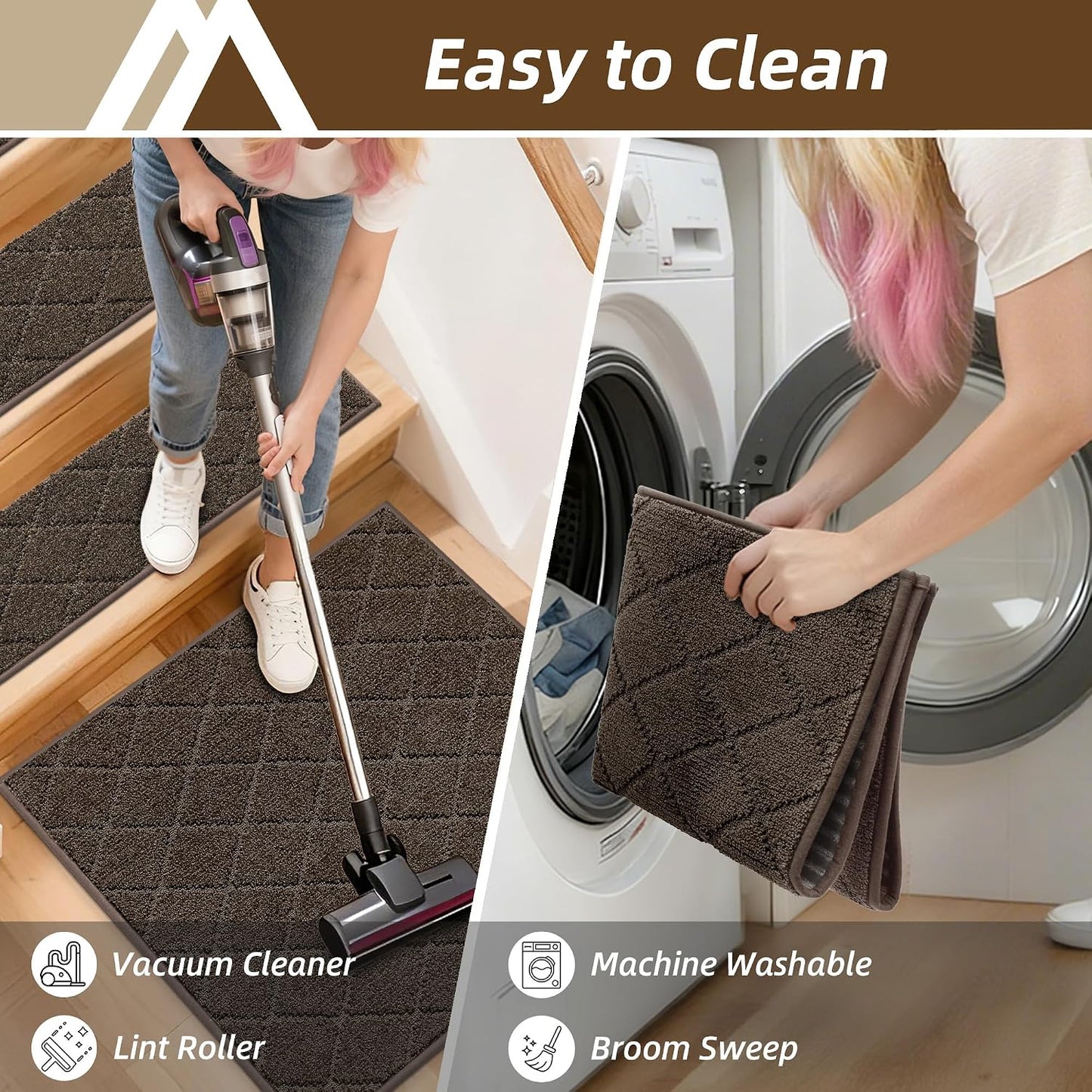 COSY HOMEER Edging Stair Treads Non-Slip Carpet Mat 28inX9in Indoor Stair Runners for Wooden Steps, Edging Stair Rugs for Kids and Dogs, 100% Polyester TPE Backing(4pc, Beige)
