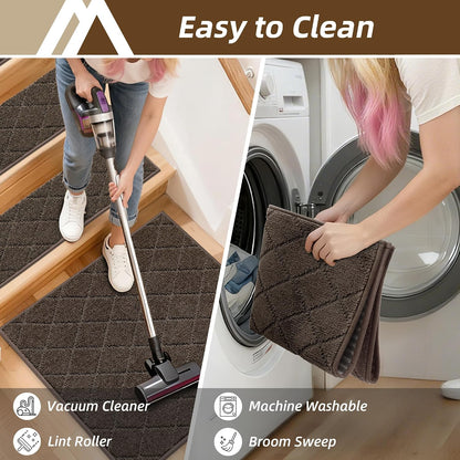 COSY HOMEER Edging Stair Treads Non-Slip Carpet Mat 28inX9in Indoor Stair Runners for Wooden Steps, Edging Stair Rugs for Kids and Dogs, 100% Polyester TPE Backing(4pc, Beige)