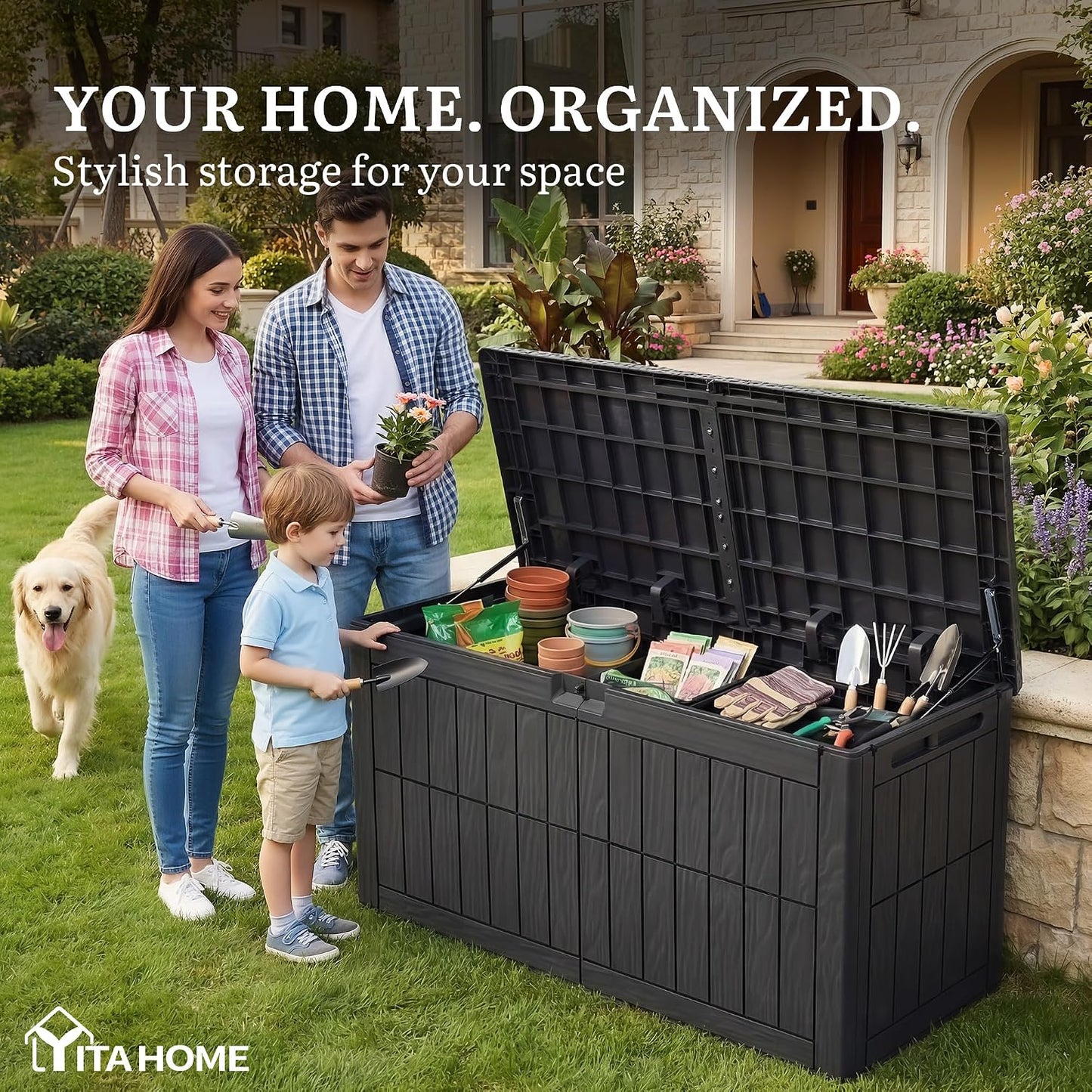 YITAHOME 134 Gallon Large Deck Box | Waterproof Resin Outdoor Storage Box with Lock, Doubles as 2-Person Bench Seating for Patio Furniture Cushions,Garden Tools &
