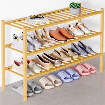 Smiry Bamboo Shoe Rack for Closet, 3 Tier Wooden Shoe Organizer, Stackable Wood Shoe Storage Shelf for Entryway, 14 Vertical Slats, One-piece Heavy-Duty Legs, 26.77"x11.02"x18.31", Natural
