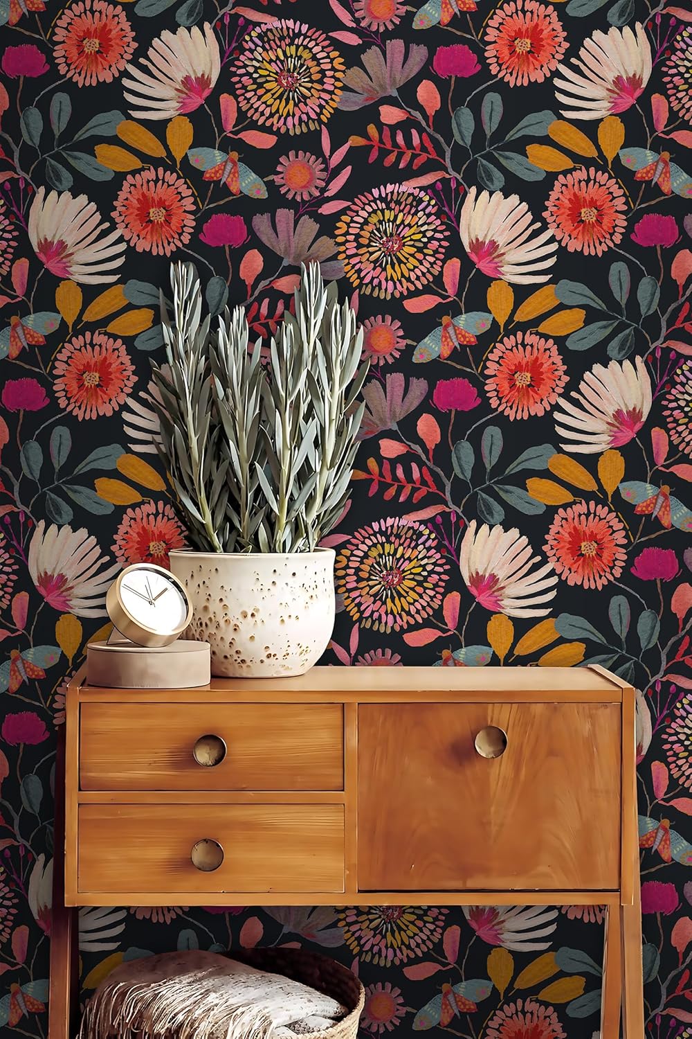 Wallpaper Peel and Stick Floral Wall Paper Removable Waterproof Navy/Pink/Orange Contact Paper for Bedroom, Bathroom,Bathroom, Home Wall 17.3" x 118"