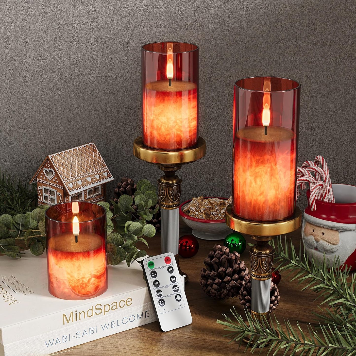 VIODAIM Ice Crystal Real Wax Glass Flameless Candles with Remote & Timer, Battery Operated Candles with Warm Flickering Flame, Realistic LED Candle for Wedding Home Decor [D3×H4/5"/6"] Gold, 3Pack