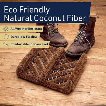 Kings County Tools Natural Coir Doormat - 13” x 12.5” Boot Brush Scraper Outdoor or Indoor Shoe Cleaner Brush Door Mat - 2.5” Thick Outdoor Boot Scraper with Stainless-Steel Wire Frame