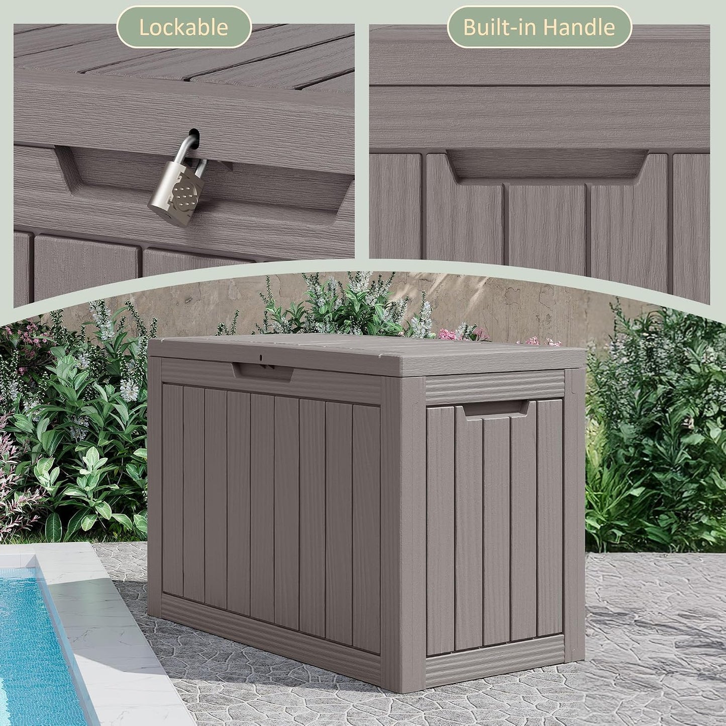NUNU LAB Outdoor Storage Box, 45 Gallon Outside Deck Box Waterproof, Resin Outdoor Storage Cabinet With Lockable Lid, Backyard Storage Bench For Garden Tools, Patio Cushions, Pool Tools, Black