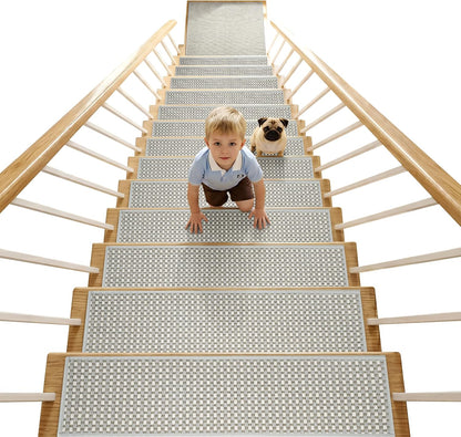 Chenille Stair Treads for Wooden Steps 8"x30" (15 Pack), Ultra Soft Non-Slip Carpet Stair Runners Indoor, Peel and Stick Self-Adhesive Step Rugs for Kids & Dogs, Machine Washable, Gray