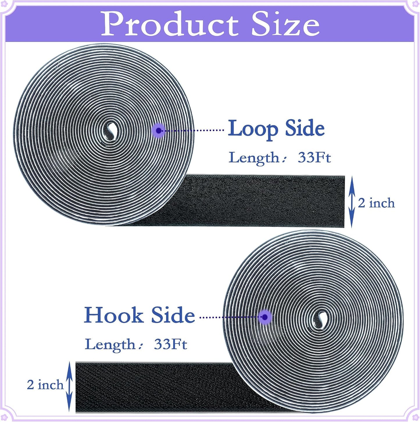 2 Inch x33 Feet Adhesive Hook and Loop Tape,Nylon Heavy Duty Tape Fasteners,Black Double Sided Self Adhesive Interlocking Tape Can Be Used to Fix Screen Window Sofa Cushions Carpet Wall Hanging