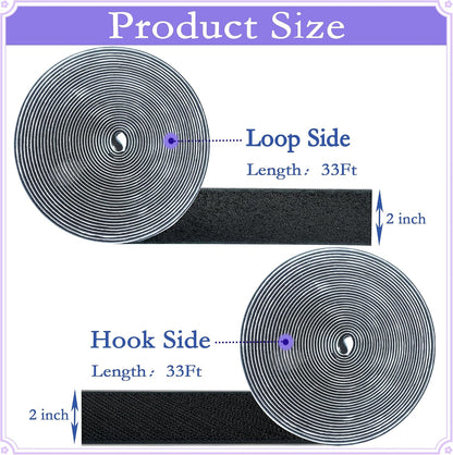 2 Inch x33 Feet Adhesive Hook and Loop Tape,Nylon Heavy Duty Tape Fasteners,Black Double Sided Self Adhesive Interlocking Tape Can Be Used to Fix Screen Window Sofa Cushions Carpet Wall Hanging