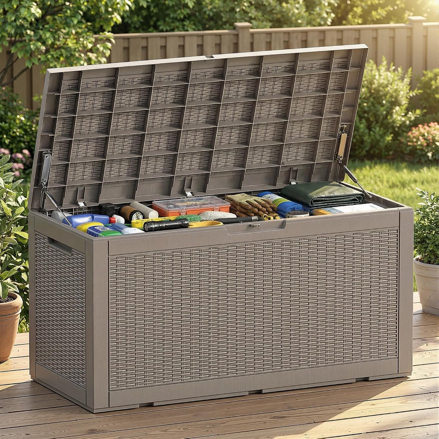 EFU Outdoor Storage Box 100 Gallon Deck Box Resin Outdoor Toy Storage With Lockable Lid, Hydraulic Struts, Rattan Style Package Delivery Boxes for Outside Patio Yard Garden (Black)