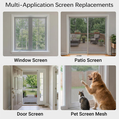 Window Screen Door Repair Kit: 48"x118" Fiberglass Replacement Screen Mesh - 6 in 1 DIY Set of Tools with Rolling Tool/Hook/Ruler/Cutter/Spline, Suitable for Window, Sliding Door, Patio & RV