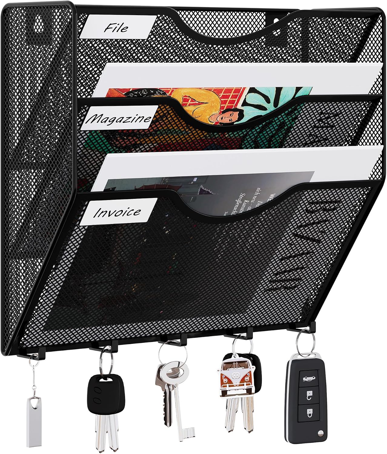 EasyPAG 5 Pocket Mesh Wall File Organizer with Key Hooks, Hanging Paper Folder Holder with Classify Label, Vertical Wall Mount Mail Organizer for Office Home Classroom, Black