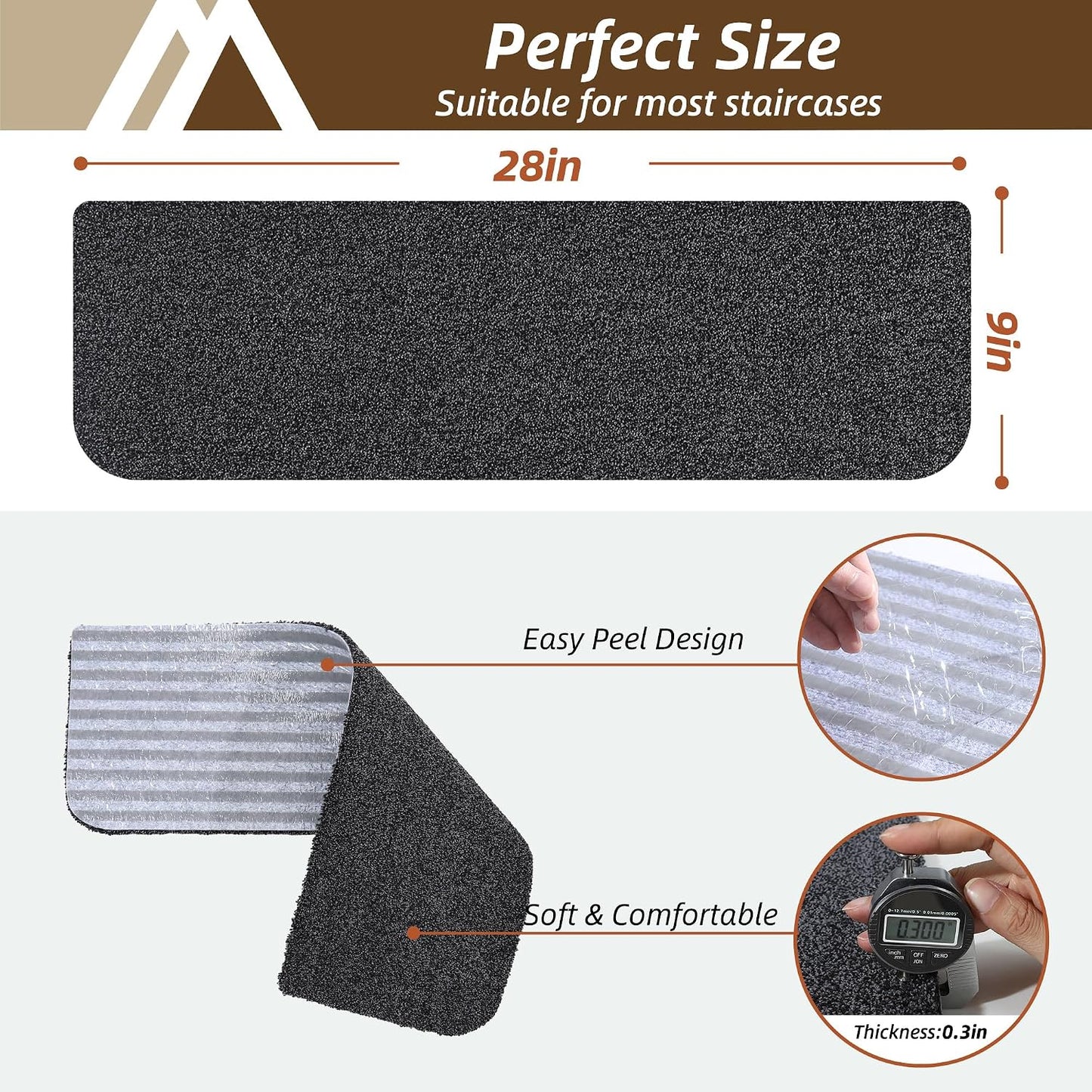 COSY HOMEER Stair Treads for Wooden Steps Non-Slip Carpet Mat,4pcs,Brown | Cut to Size,Peel and Stick,Washable,Residue Free,Self Adhesive,Stair Runner for Kid Elder Pet,28“x9”Carpet Stair Treads