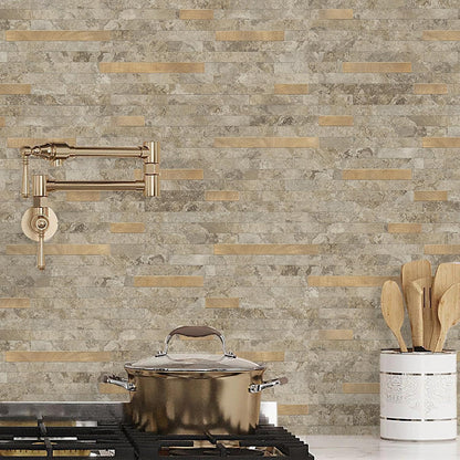 STICKGOO 20 Sheets Peel and Stick Backsplash Tile, Stick on Backsplash for Kitchen and Bathroom, White Sandstone Look PVC Mixed Metal Gold Self Adhesive Wall Tiles