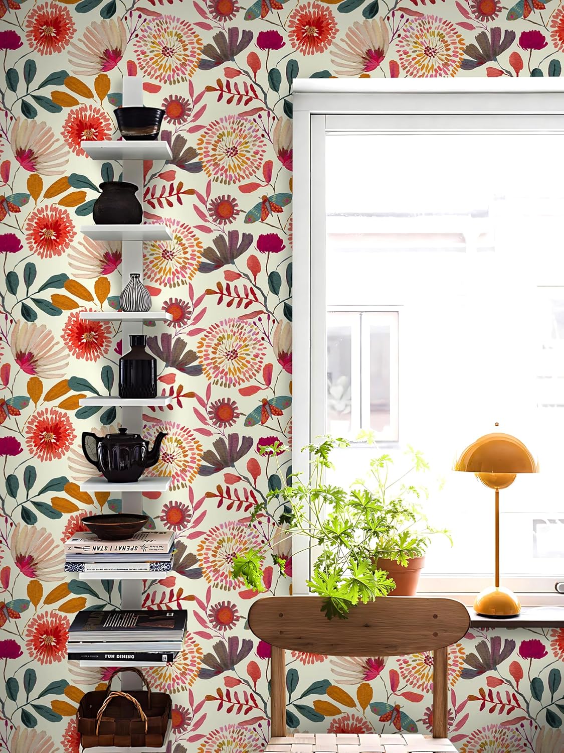 Wallpaper Peel and Stick Floral Wall Paper Removable Waterproof Navy/Pink/Orange Contact Paper for Bedroom, Bathroom,Bathroom, Home Wall 17.3" x 118"