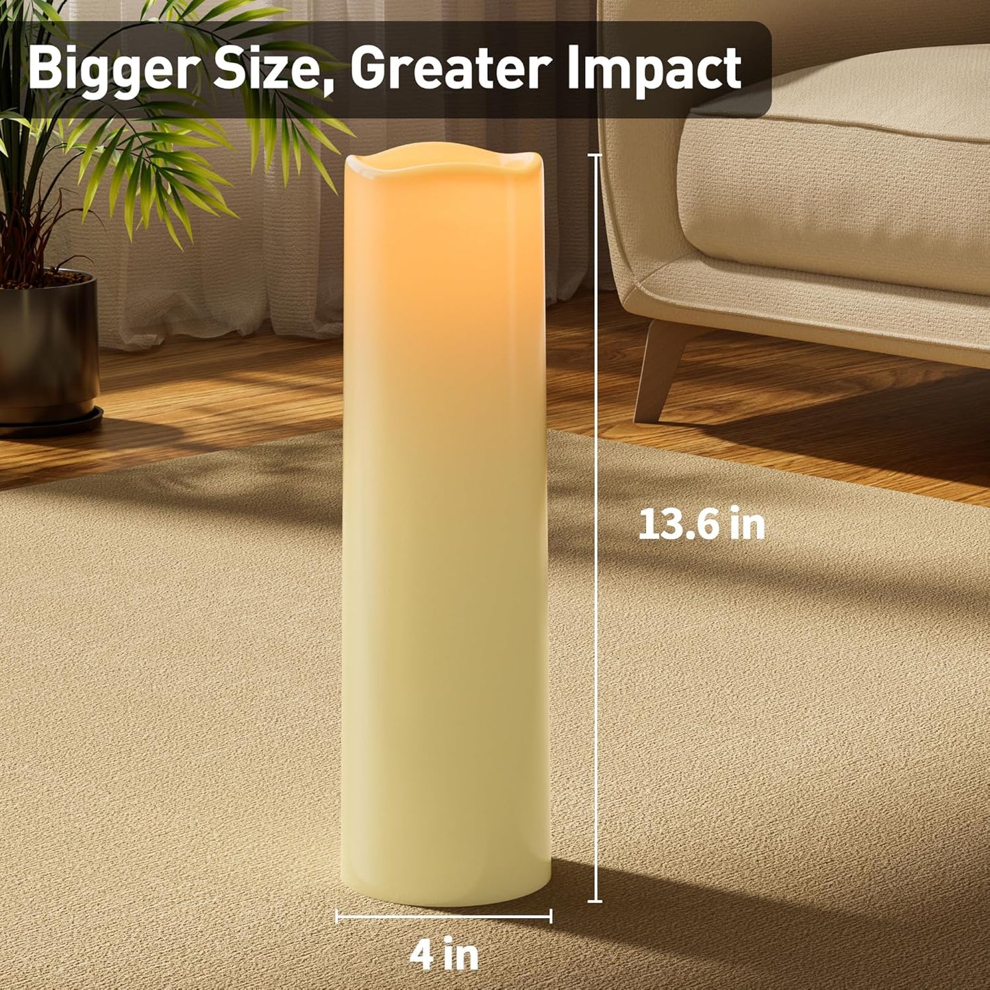 14"×4" Large Outdoor Flameless Candles with Remote Waterproof Battery Operated Candles with Timer LED Pillar Candles Flicking for Home Decoration Porch Wedding Fireplace Lantern, Ivory-Yellow 2Pcs