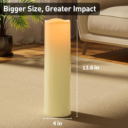 14"×4" Large Outdoor Flameless Candles with Remote Waterproof Battery Operated Candles with Timer LED Pillar Candles Flicking for Home Decoration Porch Wedding Fireplace Lantern, Ivory-Yellow 2Pcs