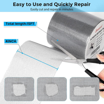Secopad Grey Window Screen Repair Kit, 4 in X 30 FT (360IN) Screen Repair Tape for Windows or Doors, Strong Adhesive Fiberglass Mesh Patch Tape