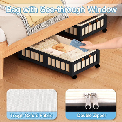 efluky 2-Pack Bamboo Under Bed Storage with Wheels, Rolling UnderBed Storage Basket with Large Dust Bag, Under Bed Storage Containers for Bedroom, Dorm and Basement, Nature