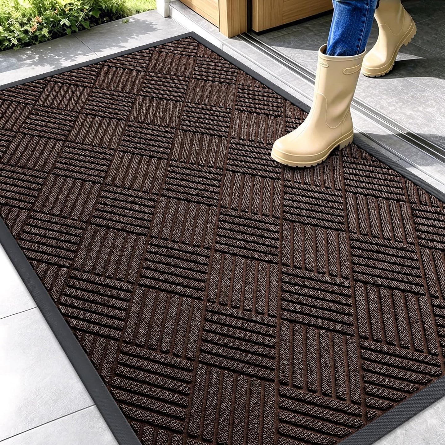 OLANLY Front Door Mat Outside Entrance 29.5x17, Absorbent, Heavy Duty Sturdy Natural Rubber Doormat Indoor Outdoor, Stain and Fade Resistant, Non-Slip Low Profile Floor Mat for Entryway, Grey Diamond