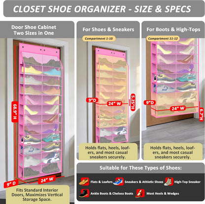Kotkn 24-Pair Over Door Shoe Organizer for Family & Kids, Double Sided | Hanging Storage for Sneakers, Boots, Toys & Room Organization-Graphite Gray