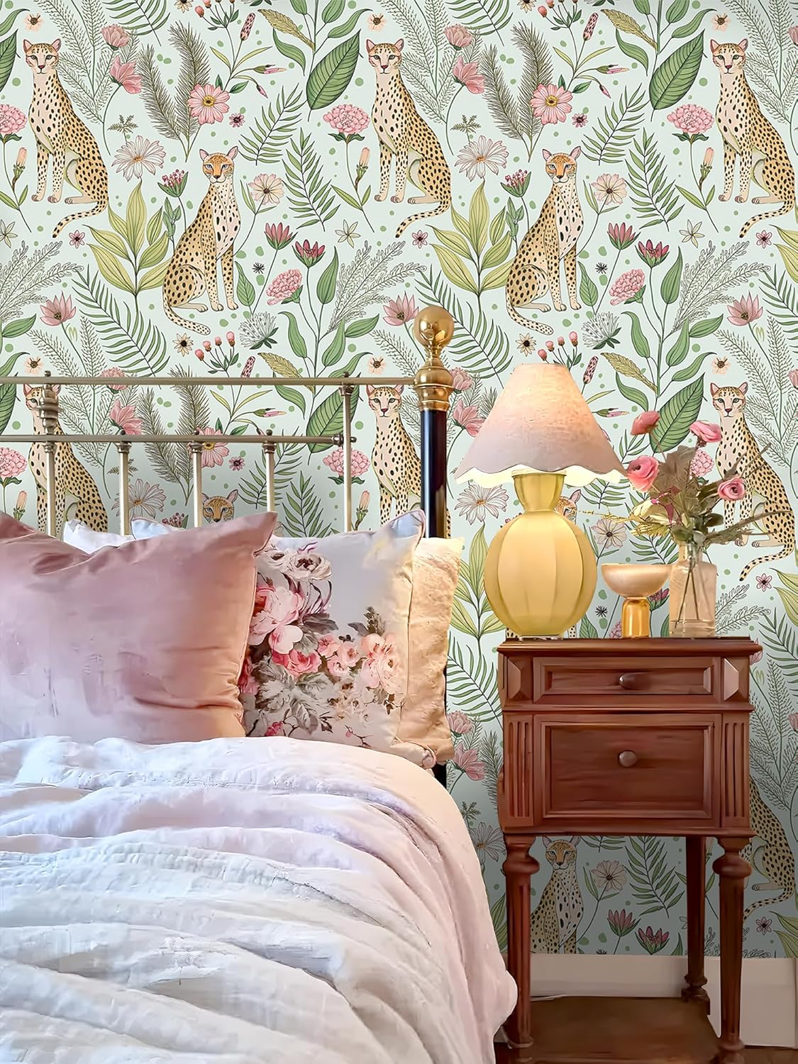 Floralplus Peel and Stick Wallpaper Leopard Jungle Removable Wallpaper for Bathroom Renter Friendly Wallpapers Self Adhesive Animal Floral Contact Paper for Accent Wall 17.5 x 118 in